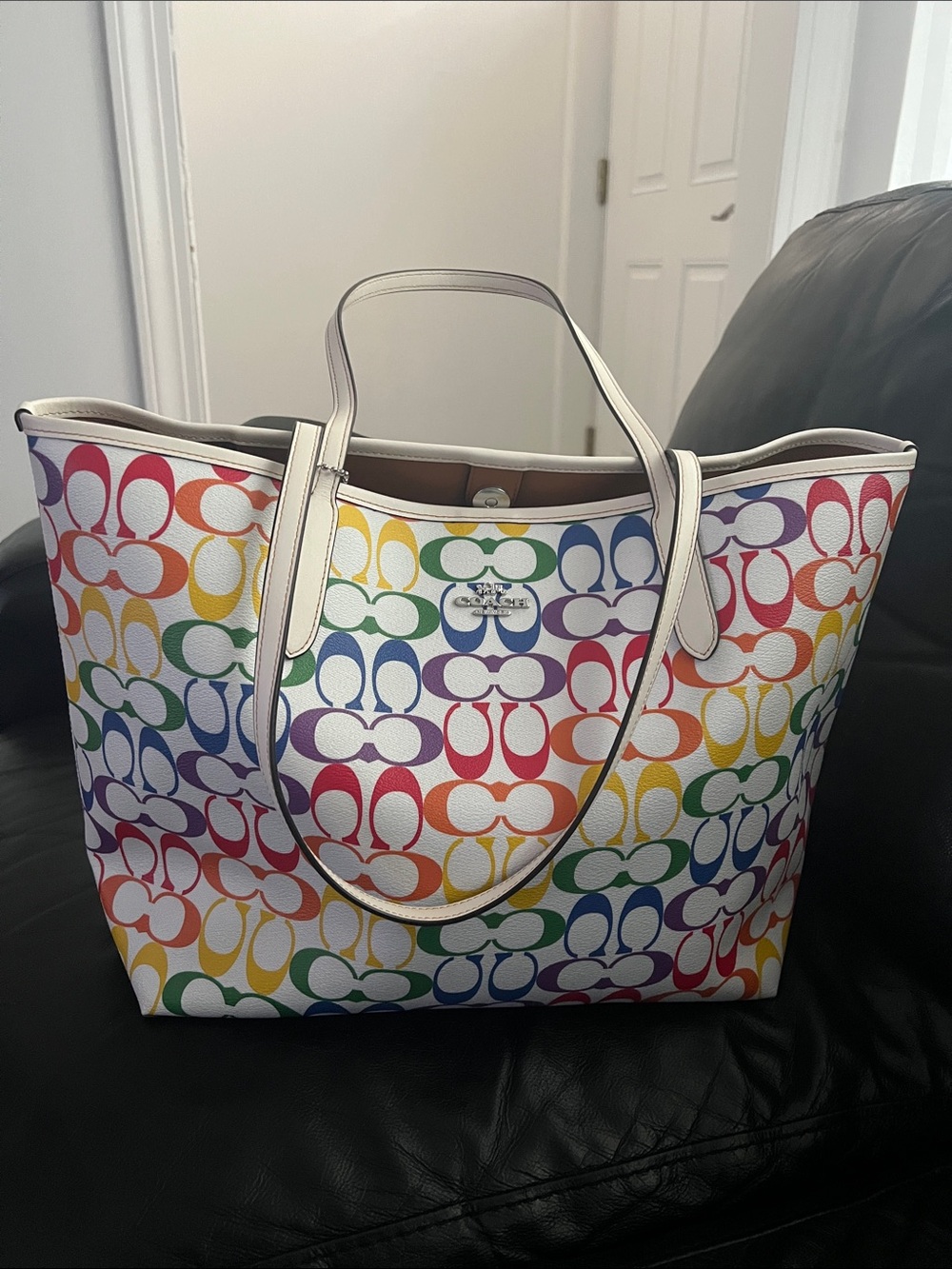 Coach Multicolor Signature Canvas Tote with White Trim
